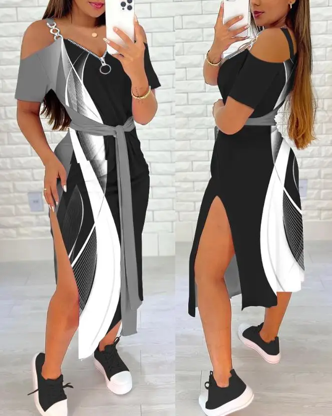 

Fashion Dresses for Women 2023 Summer Short Sleeve Cold Shoulder Print Colorblock Tied Detail Slit Casual Dress Female Vestido