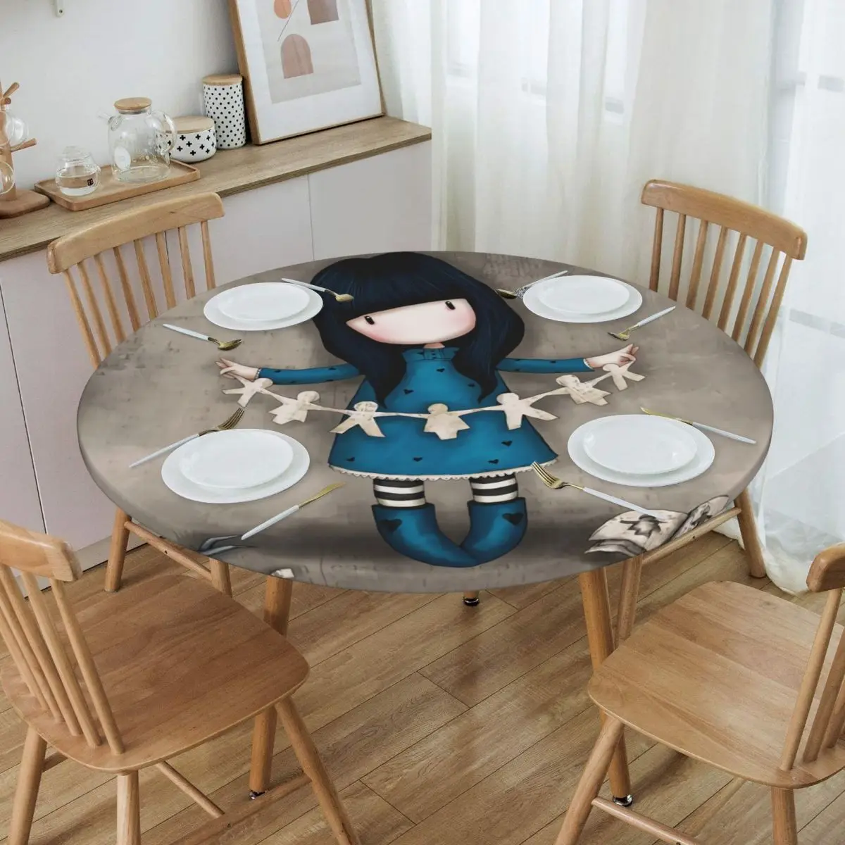 

Round Waterproof Oil-Proof Coque Art Cartoon Santoro Gorjuss Tablecloth Backing Elastic Edge Table Covers 40"-44 Fit Table Cloth