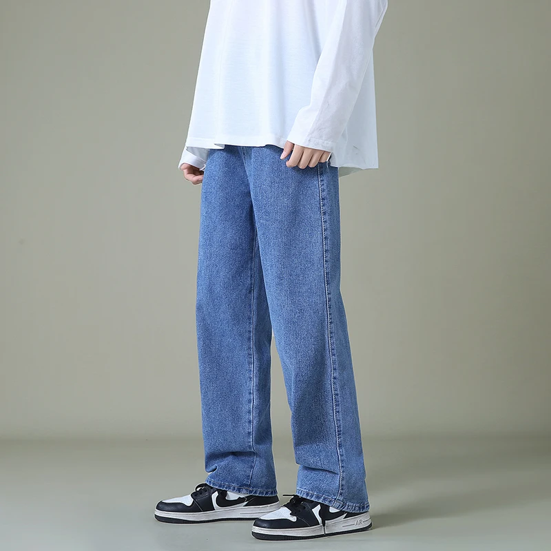 New Autumn Men Denim Wide-leg Pants Korean Style Straight Light Blue Baggy Jeans Elastic Waist Student Trousers Male Black Gray