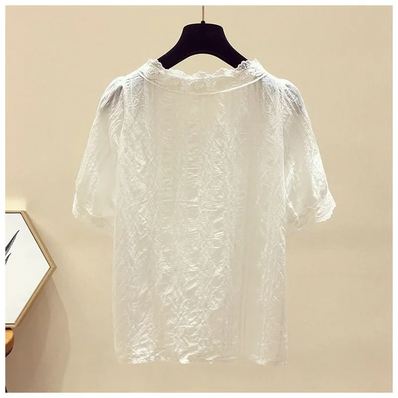 Рубашки женские с коротким рукавом кружевные однотонные v-образным вырезом