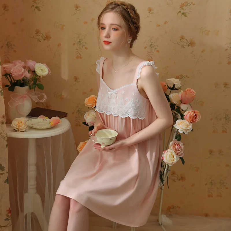 Roseheart New Women Homewear White Pink Sexy Sleepwear Nightdress Lace Cotton Nightwear Sleepwear Luxury Female Gown Nightgown