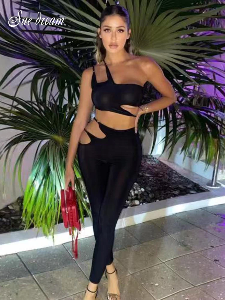Fashion Black Bandage 2 Piece Set 2022 New Summer Women's Sexy One Shoulder Cutout Short Top and Pencil Pants Club Party Outfits