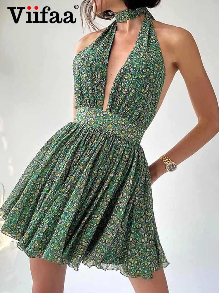 

Сексуальное летнее женское зеленое Цветочное платье с высокой талией и открытой спиной