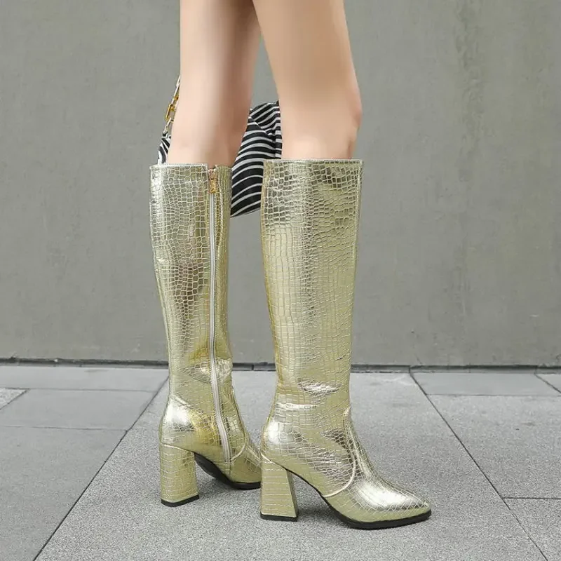 QPLYXCO зелено-желтые женские сапоги из змеиной кожи зимние до колена искусственной