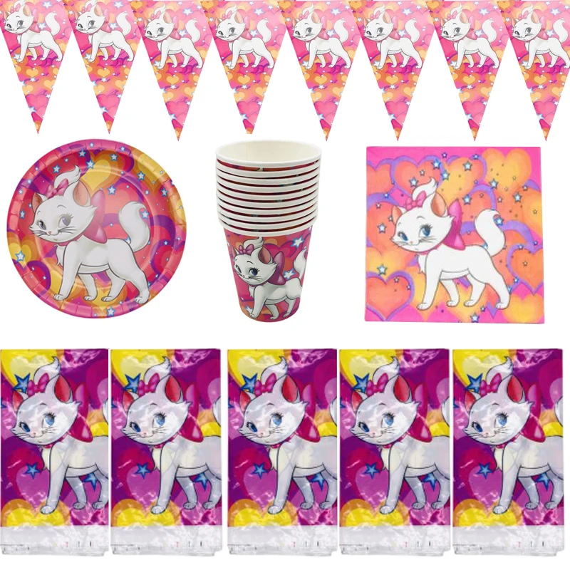 

51Pcs/lot Aristocats Marie Cat Theme Plates Dishes Kids Favors Cups Napkins Tablecloth Baby Shower Decorate Hanging Banner