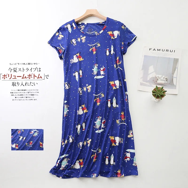 Summer Sleepwear For Women Short Sleeve Pyjama Women's Cotton Soft Fashion Home Long Sweet NEW Cartoon Dress Big Size