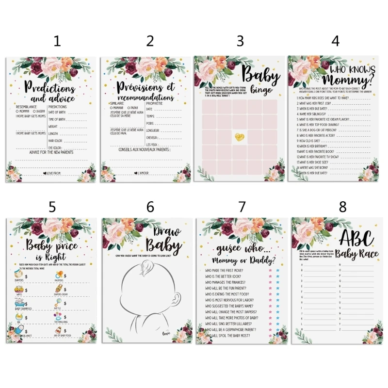 

448B 10pcs Floral Baby Shower Game Prediction and Advice Cards Who Know Mommy Fun Game for Guests Party Activities Supplies