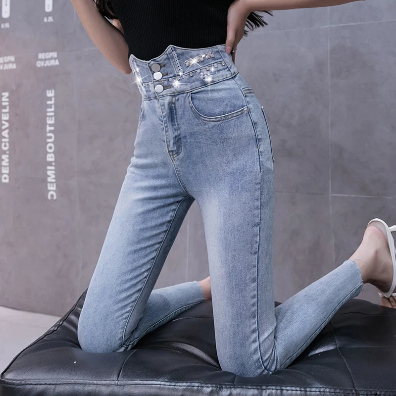 

Woman Beading Pearl Diamond Stretch Pencil Jeans High Waist Skinny Washed Women Bow Denim Pants Korean Streetwear Gothic Legging