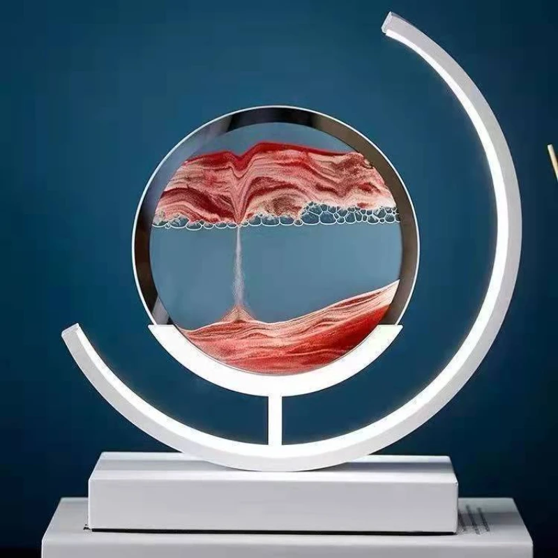 Quicksand Art LED Bedside Table Lamp Night Light Bedroom Light Sand Scene Dynamic Round Glass Hourglass Table Lamp