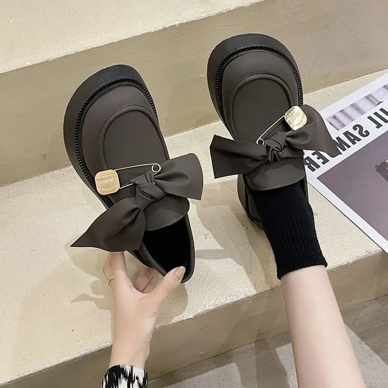SHANPA Маленькие кожаные туфли в британском стиле с галстуком-бабочкой Kawaii Женская