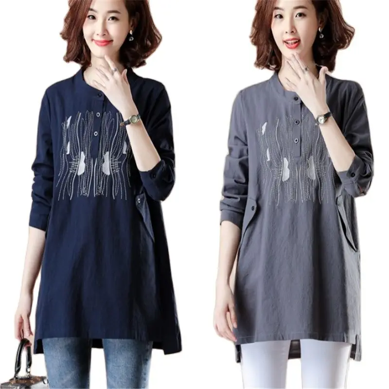 

New long sleeve women blouses 2022 female geometric floral embroidery cotton linen spring autumn tops large size shirts L 5XL