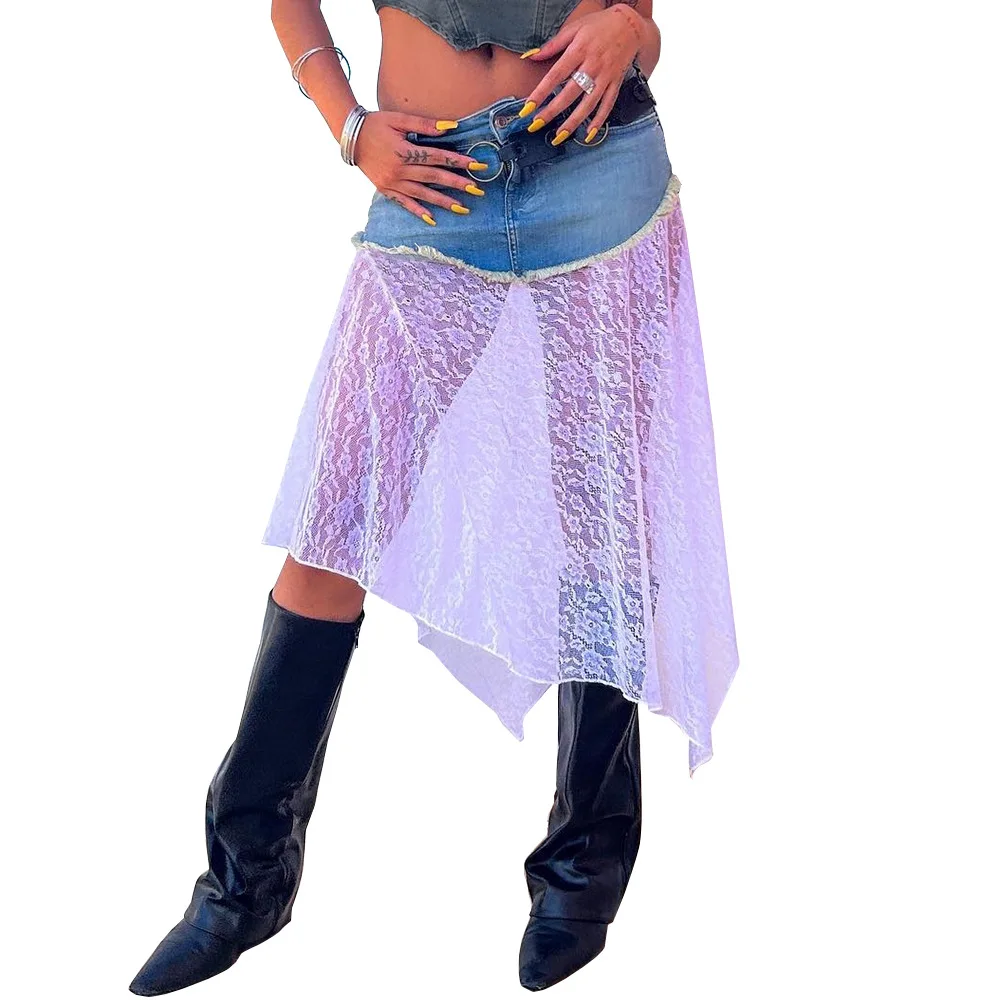 

Женская джинсовая Асимметричная юбка с кружевом и бахромой, весна 2024