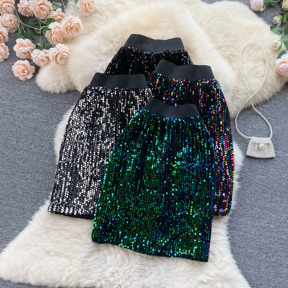

Женская юбка с завышенной талией и блестками, Новинка лета 2022, ретро-юбка на бедрах, тонкая блестящая Однослойная юбка с эластичным поясом, к...