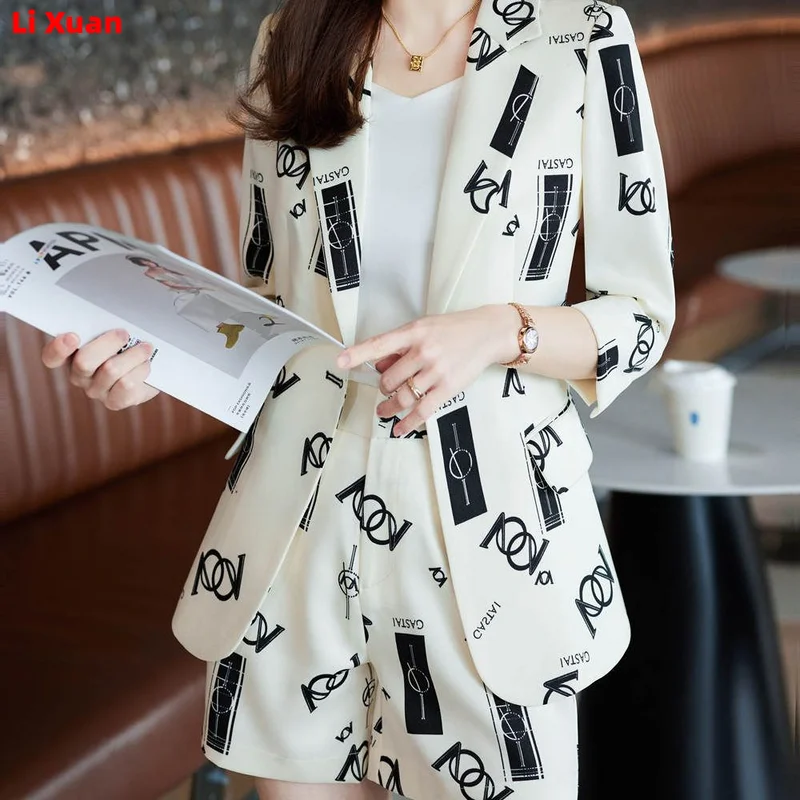 2023 Summer Thin Fashion Loose Casual Medium Length Femme Jacket Pantsuits Korean Women Office Print Blazer Shorts Set 2-piece