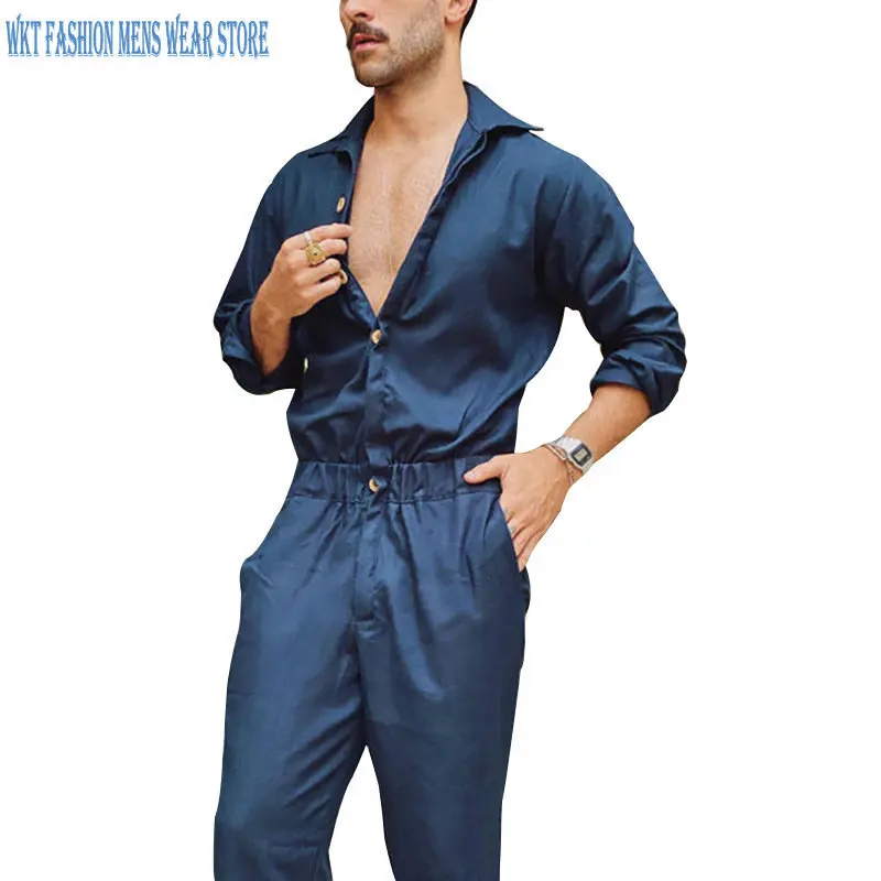 Personalized Men's Clothing Long-Sleeved Single-Breasted Fashion Jumpsuit Polo Collar Solid Color Waist Men casual Sets Button