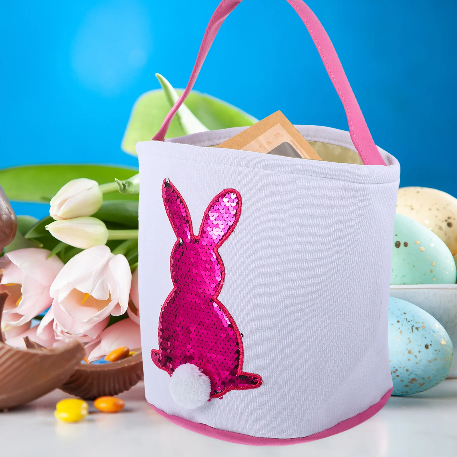 

Rabbit Print Tote Bag Easter Basket Easter Egg Bag Easter Candy Basket Easter Storage Bag for Kids