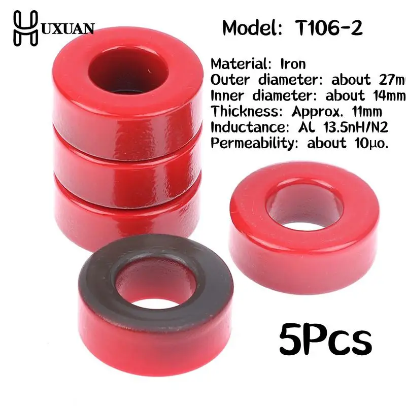 

5Pcs 27*14*11 Mm 10μo T106-2 Iron Ferrite Toroid Cores For Inductors Iron Powder Core Red Ring Low Permeability