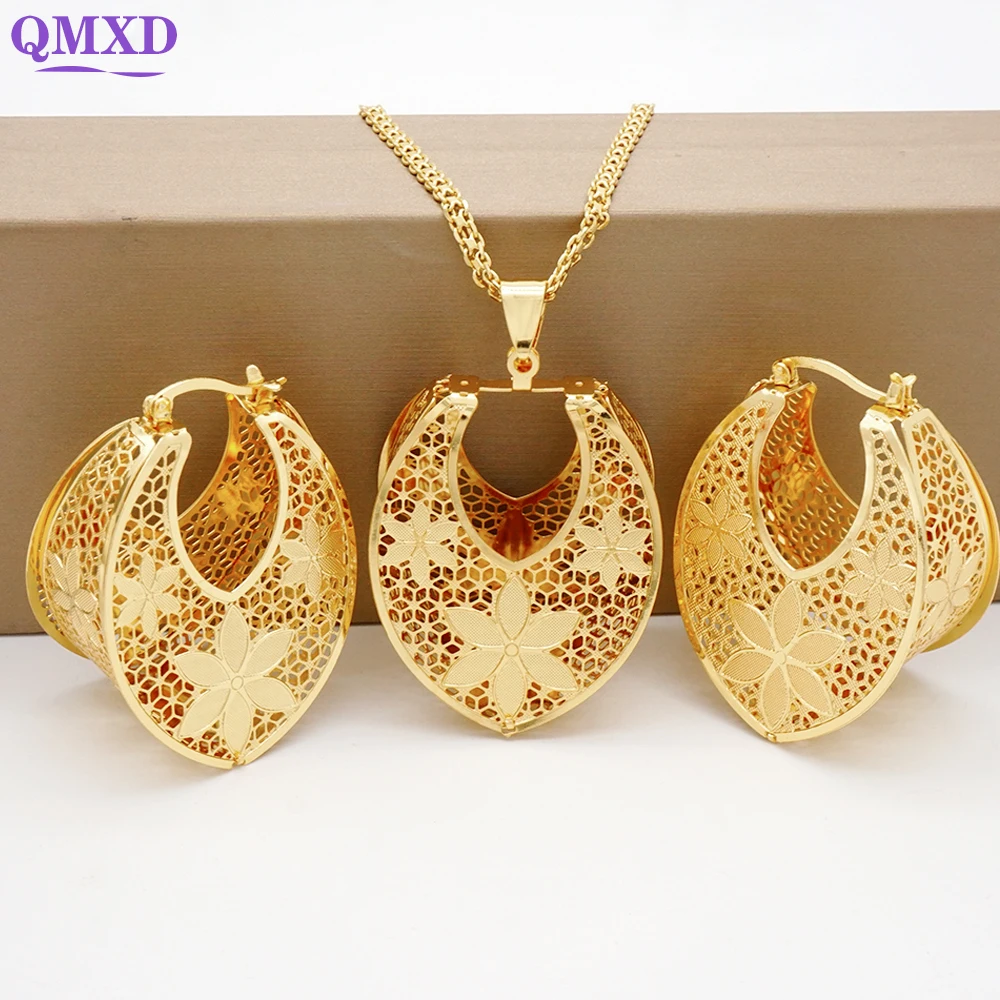 

Dubai African Jewelry Sets Hollow Flowers Necklace set With Copper Earrings For Young Lady Daily Wear Party Wedding Gifts