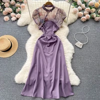 french elegant vintage purple cheongsam dress waist suspender dress womens cropped top layered 2 piece set summer vestidos 2022