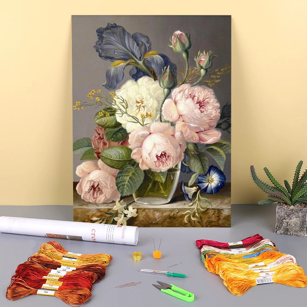 

Flower Printed 11CT Cross Stitch Embroidery Complete Kit DMC Threads Needlework Painting Knitting Craft Magic Stamped