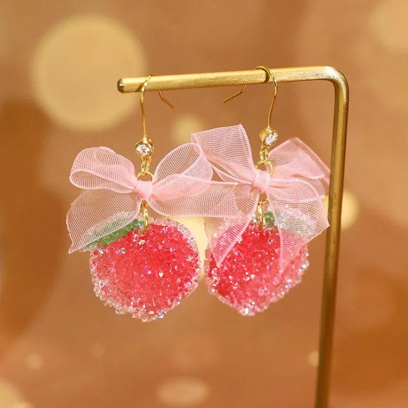 

New Bow Knot Peach Earrings Small Fresh Girl Heart Sweet Ear Hooks Exquisite Design Earrings Girls Birthday Gift Party Jewelry