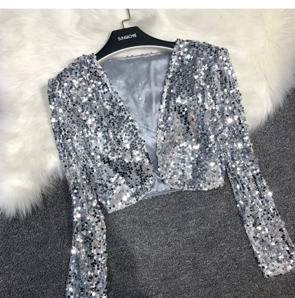 

European Station Fashion All-match Short Sequined Suit 2022spring and Autumn New BINGBING Sequined Jazz Dance Performance Jacket