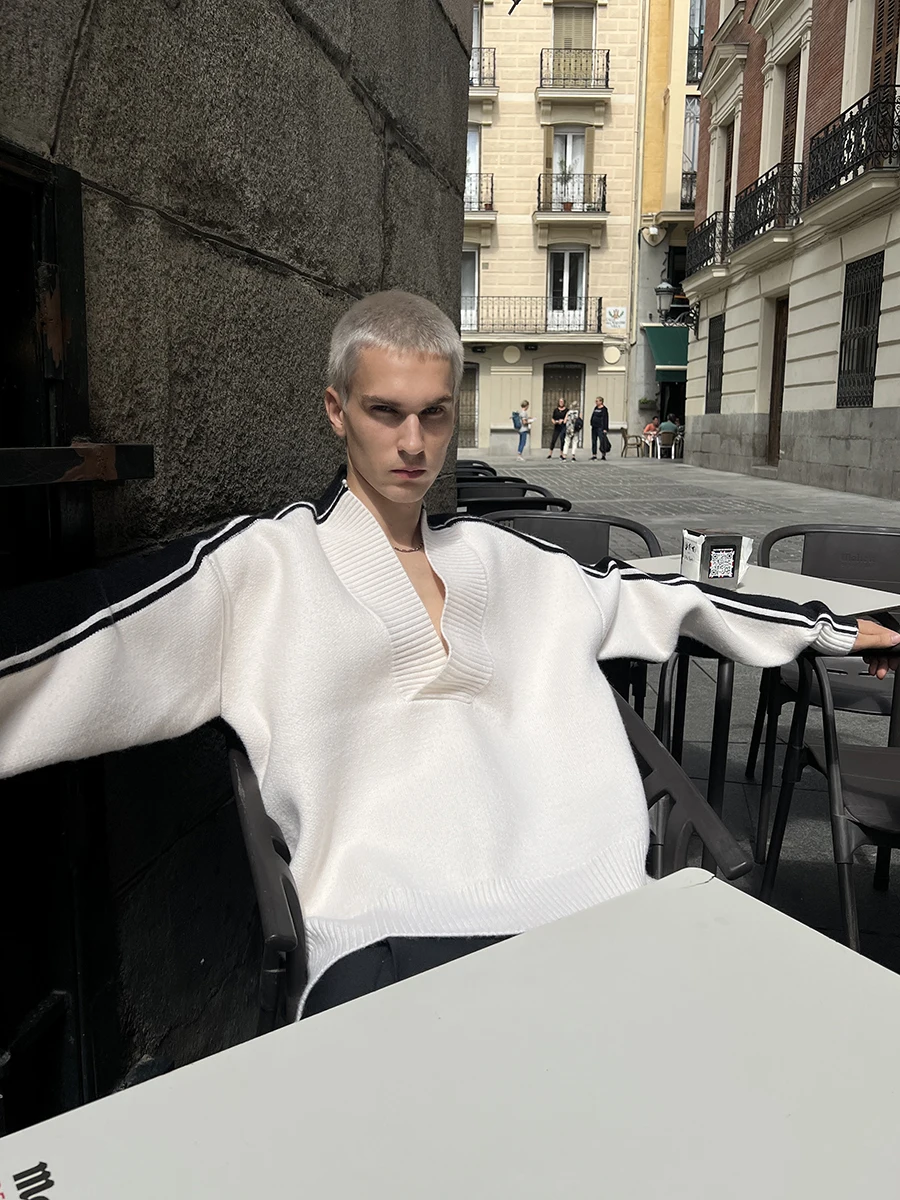 Черно-белый тяжелый вязаный лоскутный свитер Sourplum с v-образным вырезом мужской и