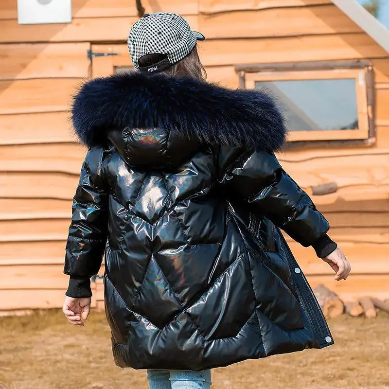 

New Girl Bright Cotton Coats Medium and Long Parkas Child Winter Down Jacket Thick Wash Free Hooded Outerwear 4 To14 Years Old