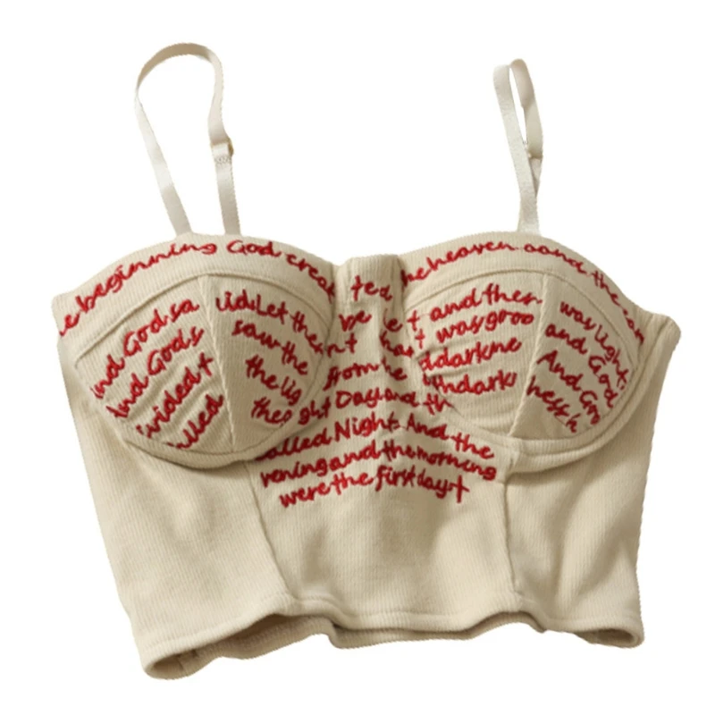 

Women Summer Spaghetti Strap Crop Tube Top Harajuku Letters Embroidery Ribbed Knit Corset Camisole Casual Slim Basic Sleeveless