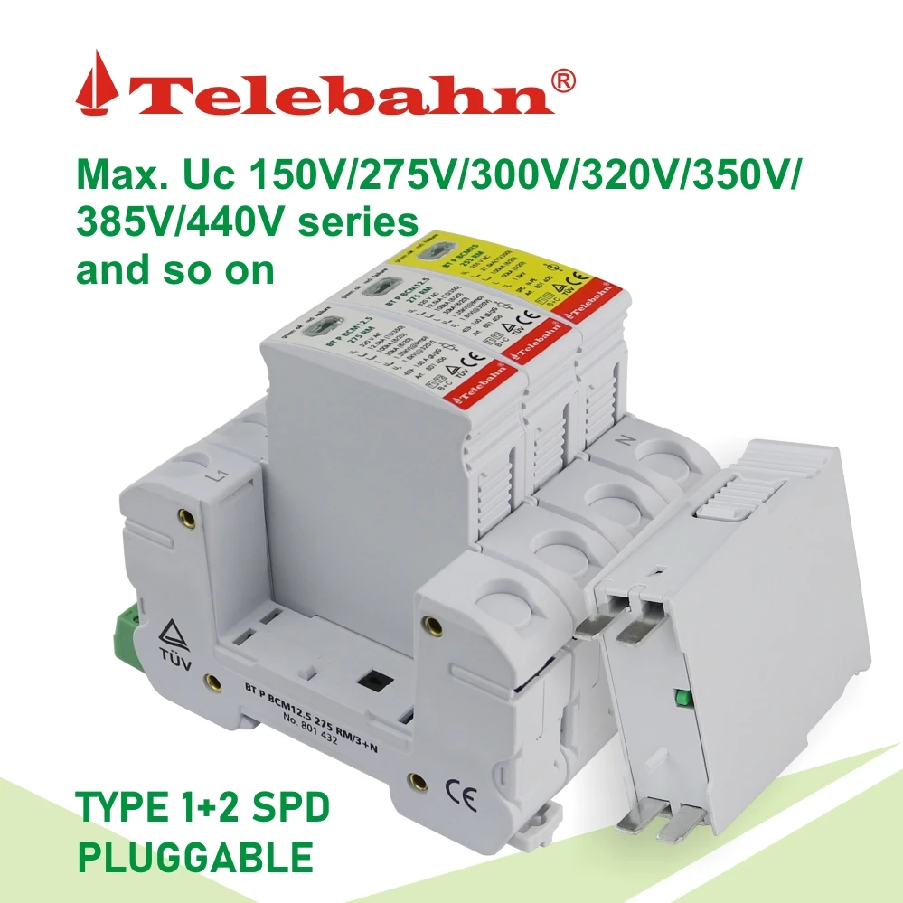 Заводской Telebahn TUV 3P+N T1+T2 Uc150V 275V 300V 320V 385V 440V Iimp12.5kA Трехфазные ограничители