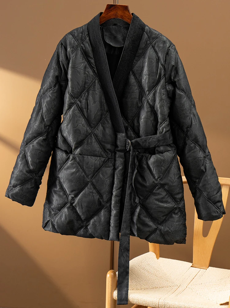 Jacquard 90%  White Duck Down Jacket Women  Luxury  Winter  Camperas De Mujer Invierno 2022 Thin Lace Up Belt Adjustable Waist