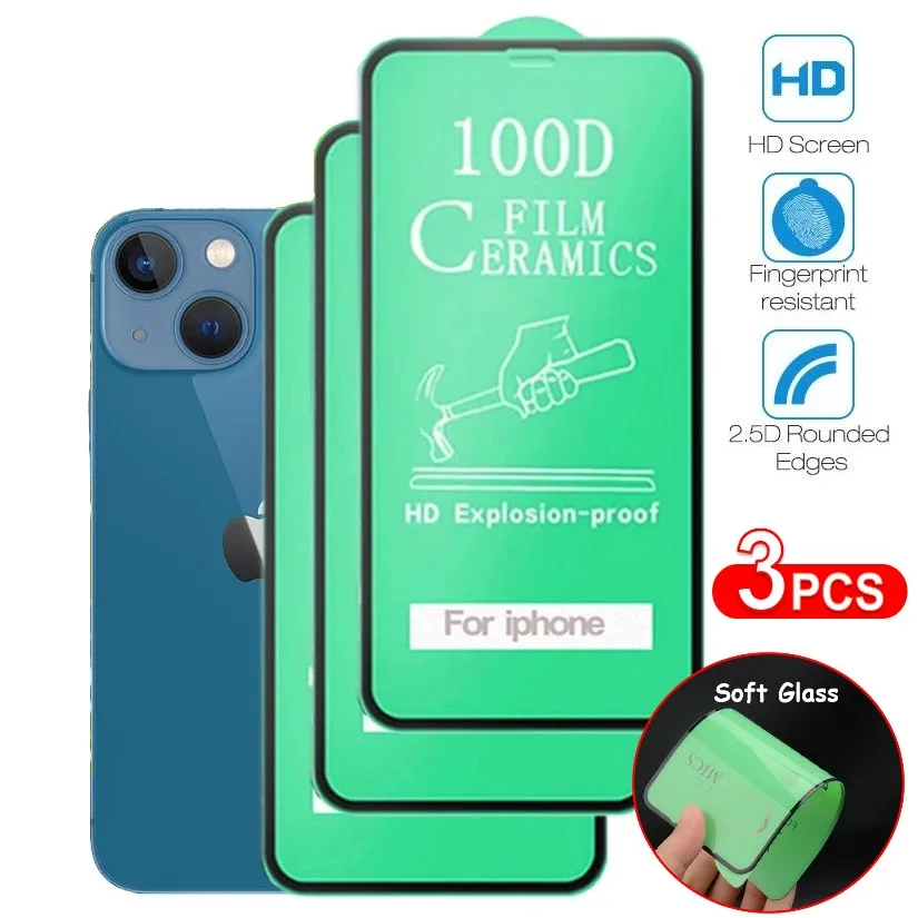 

3Pcs 100D Ceramic Protective Glass For iPhone 14 13 12 Mini 11 Pro XR XS Max X 8 7 Plus SE 2020 Soft Screen Protectors PMMA Film