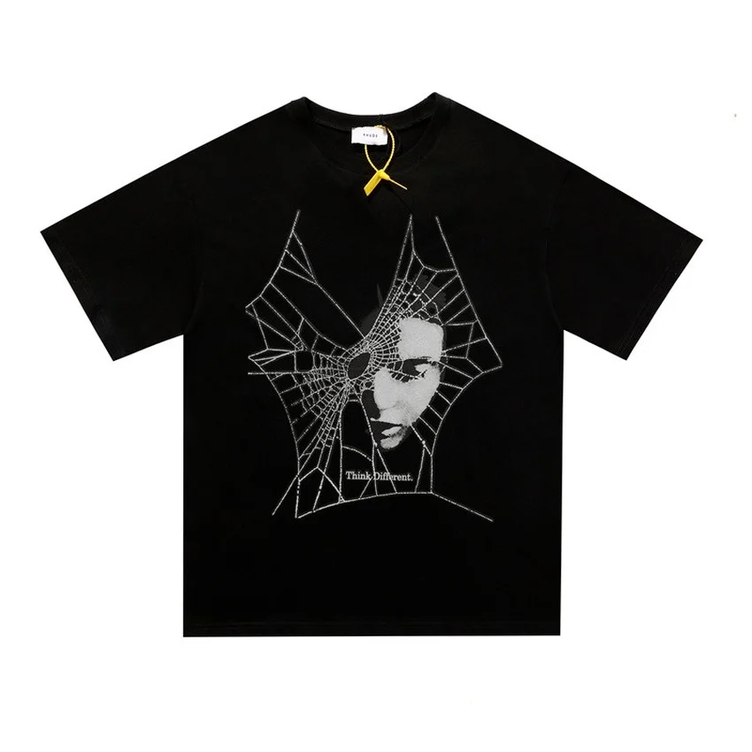Camiseta con estampado de Spider web para hombres y mujeres, camisa con estampado de cara humana, RHUDE, ropa de calle de alta calidad, Rhude, triángulo trasero, RH Mark