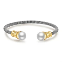 no fade stainless steel gold trendy women twisted cable wire natural white pearls korean opening bracelet bangles jewelry