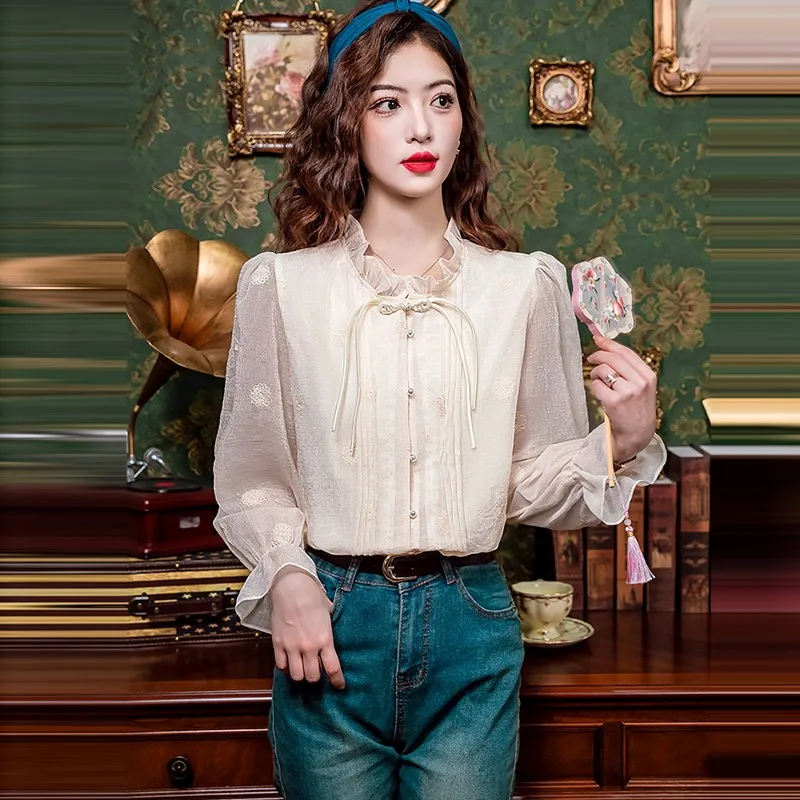 Женская блузка с длинным рукавом элегантная рубашка вышивкой в винтажном стиле
