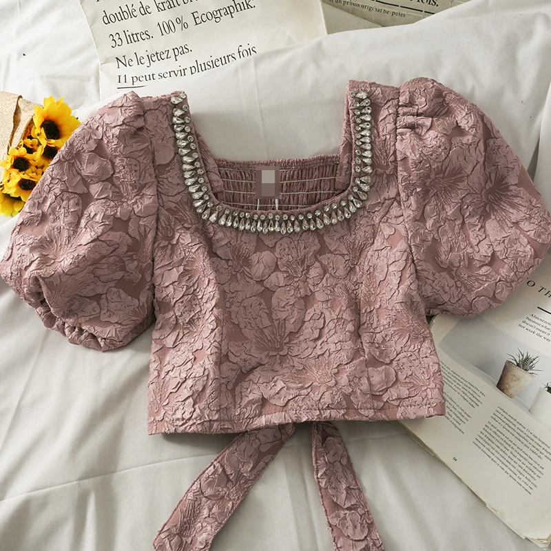 Шикарные женские рубашки с квадратным воротником и 3D цветочным принтом короткие