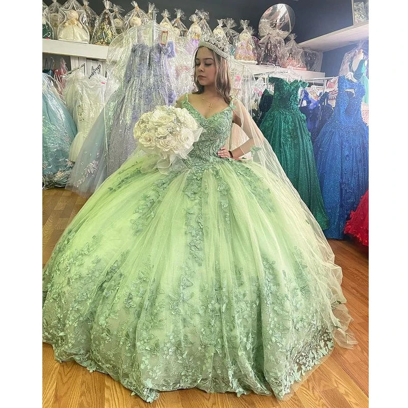

ANGELSBRIDEP Shiny Girls Mint Green Sweet 16 Quinceanera Dress with Cape Off Shoulder Butterfly Appliques Princess Party Gown
