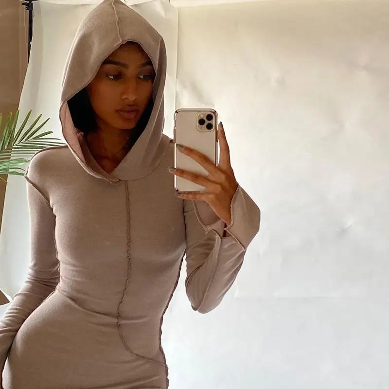 

New Plus Size Fashion Women's Solid Color Reverse Car Side Long Sleeve Hoodies T-Shirts Dresses Casual Maxi Dresses