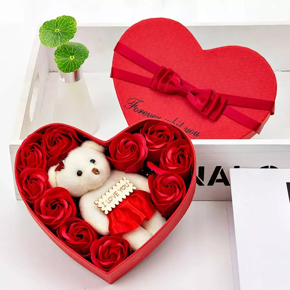 

10pcs Heart-Shaped Artificial Rose Flowers Bear Gift Box Valentine Romantic Wedding Party For Girlfriend Wife Romantic Present