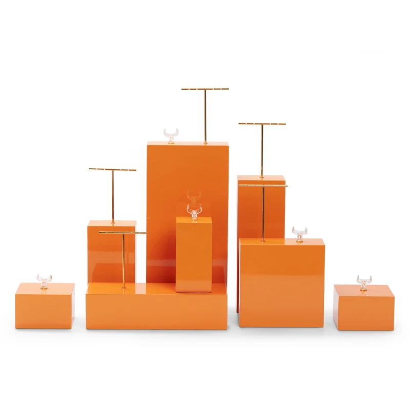 Oirlv Minimalism Orange Gloss Lacquered Solid Wood Ring Bracelet Square Holder Earring Pendant Jewelry Organizer Display Set
