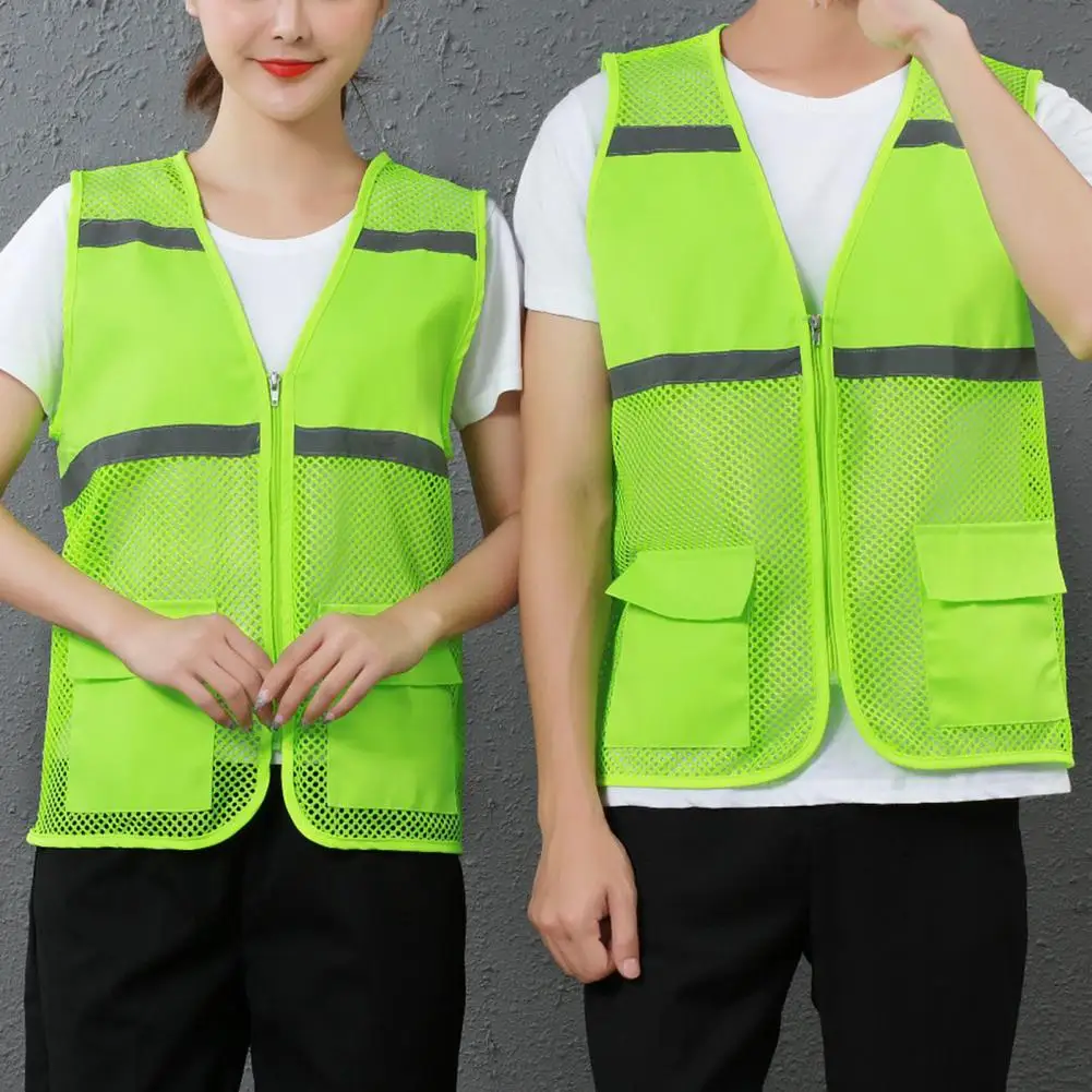 

Work Vest Double Pocket Sleeveless Reflective Strip Breathable Solid Color Men Women Summer Mesh Volunteer Waistcoat