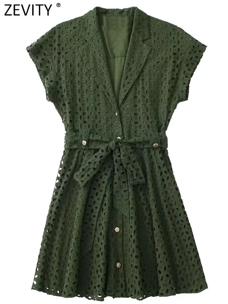 

Zevity Women Fashion Turn Down Collar Hollow Out Embroidery Bow Sashes Shirt Dress Female Chic Short Sleeve Vestido Mujer DS9419