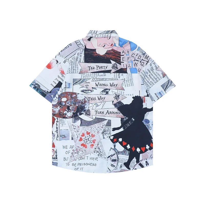 

Retro Graffiti Cartoon Short Sleeve Casual Summer Shirts Male and Female Lapel Streetwear Patchwork Oversized Tops