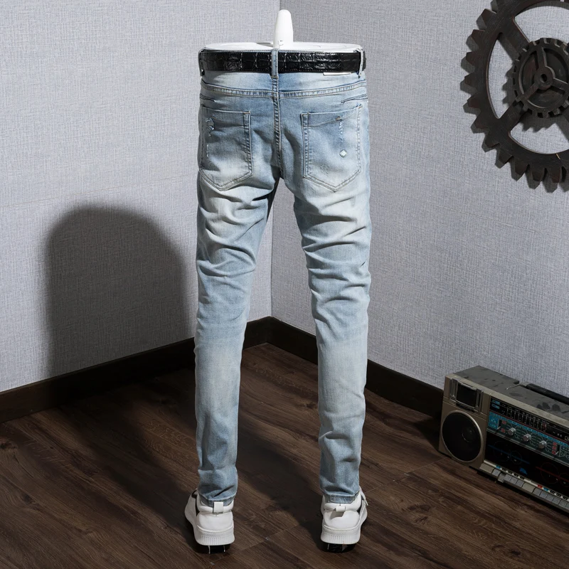 Men's Jeans Fashion Ripped Denim Trousers High-quality Men's Straight Casual Four Seasons Ripped Small Feet Nine-point Pants Men