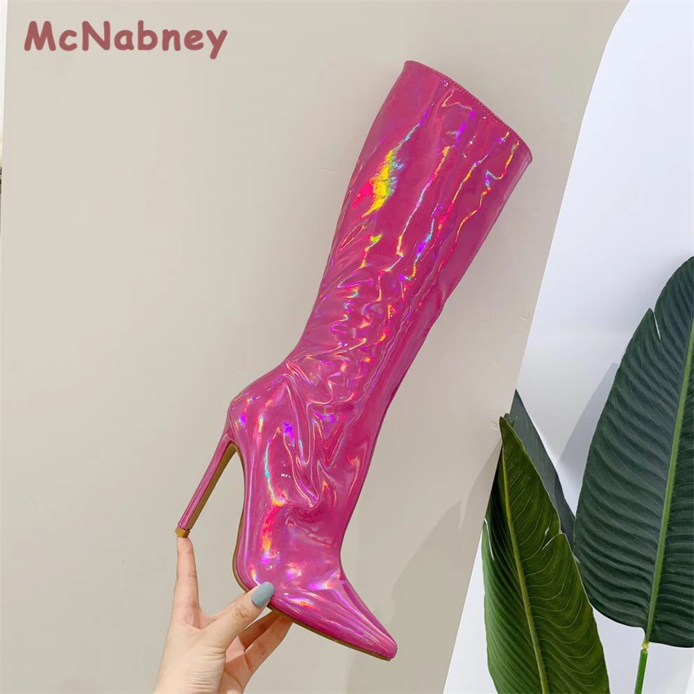 Women High Heel Knee Boots Thin Heels Mid-Calf Pointed Toe Zip Handmade Sexy Fashion Laser Sequin Long Boots Stiletto Pumps