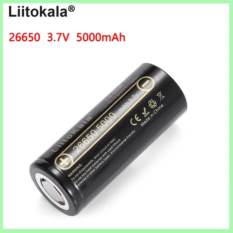 Литий-ионный перезаряжаемый аккумулятор LiitoKala 26650 5000 мАч, стандартная батарея 3,7 в 26650-50 А для фонарика, трицикла электромобиля