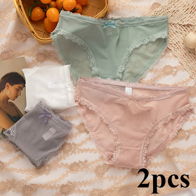 

2 PCS Panties Women Mesh Seamless Underwear Underpants Cotton Ultra-Thin Low Waisted Breathable Sexy Lace Women Panty Briefs