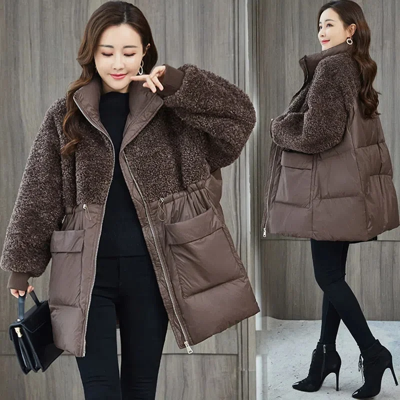 

Winter Women's Down Jacket New Vintage Stitching Lamb Wool Cotton Padded Jacket Thicke Warm Parker Female Outerwear Winter Coats