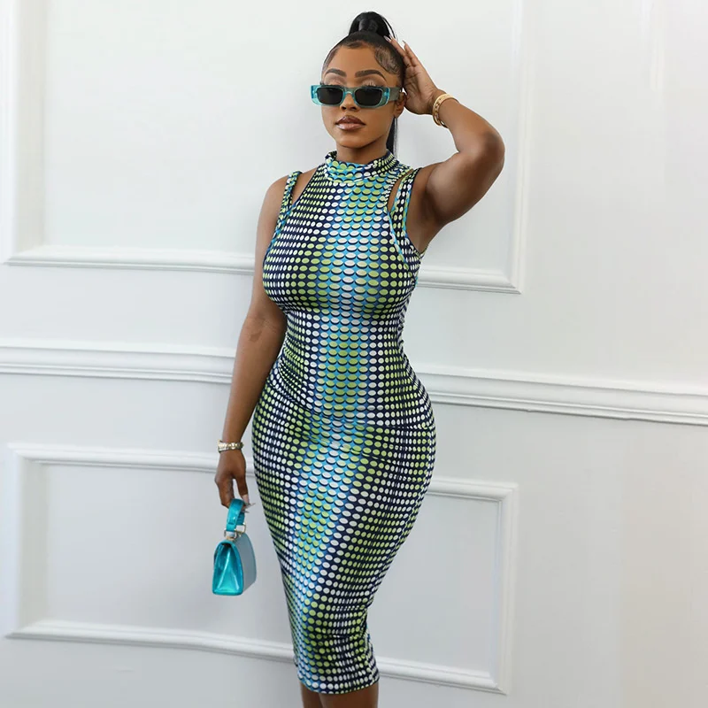 

Zoctuo Women Sexy Sleeveless Party Club Bodycon Green Midi Dress Streetwear 2022 Summer Clothes Wholesale Items For Business