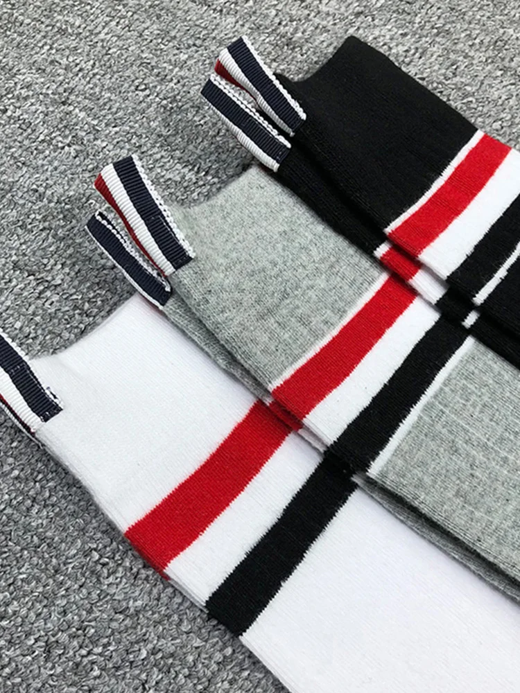 3 pairs of TB four-bar men's and women's tide brand cotton long tube red, white and blue striped sports socks stockings